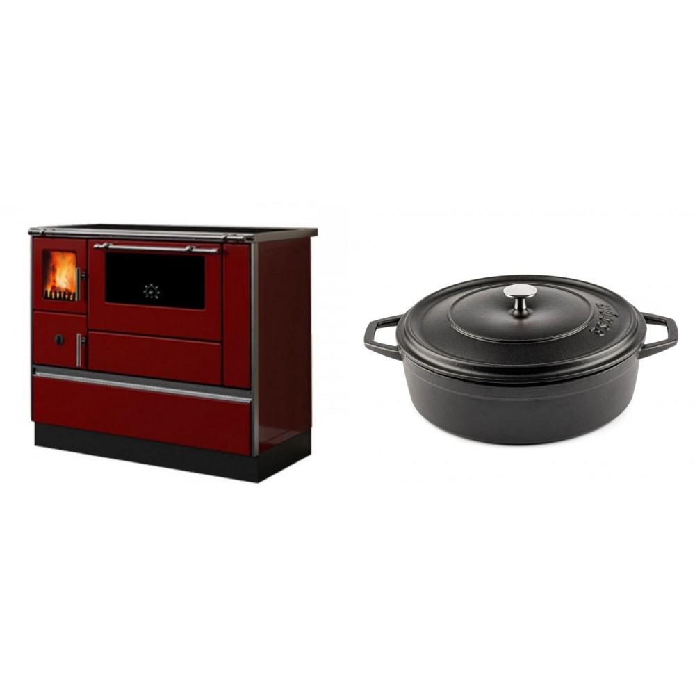 Set Küchenofen / Küchenhexe mit Backofen und Kochplatte Alfa Plam, Modell Dominant 90H Rot, Leistung 6.5kW + Gusseisen Topf Flach Solagio, Black Onyx, Ф28 | Kaminofen - Holzofen mit Backfach | Kaminofen |