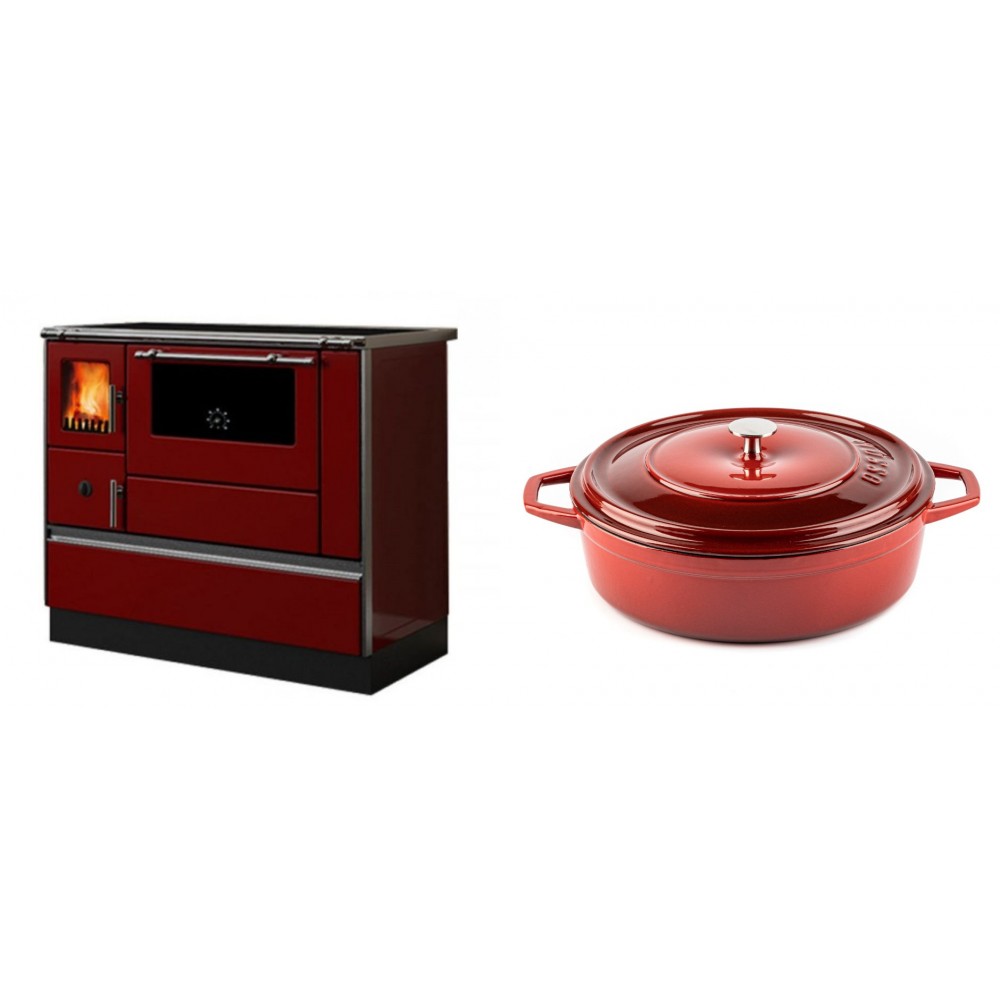Set Küchenofen / Küchenhexe mit Backofen und Kochplatte Alfa Plam, Modell Dominant 90H Rot, Leistung 6.5kW + Gusseisen Topf Flach Solagio, Rubin, Ф28