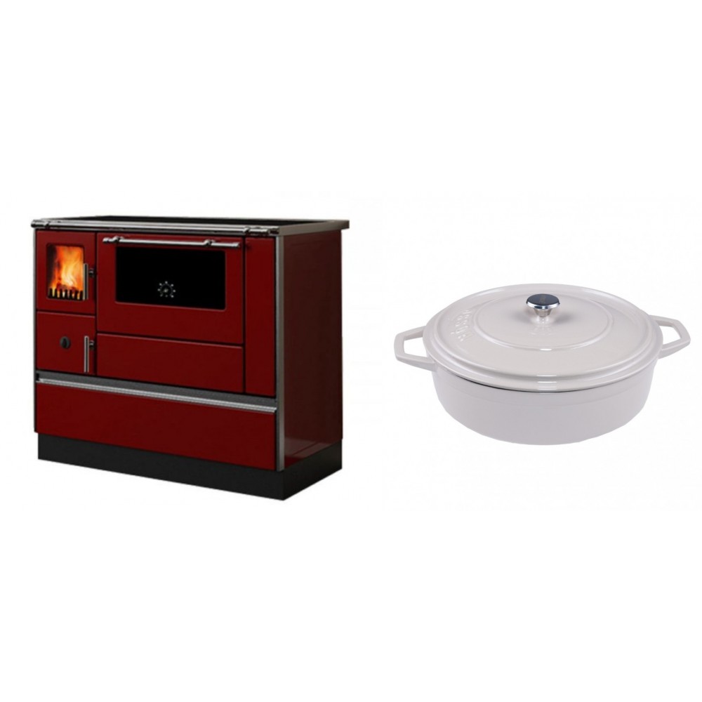 Set Küchenofen / Küchenhexe mit Backofen und Kochplatte Alfa Plam, Modell Dominant 90H Rot, Leistung 6.5kW + Gusseisen Topf Flach Solagio, Ivory, Ф28 | Kaminofen - Holzofen mit Backfach | Kaminofen |