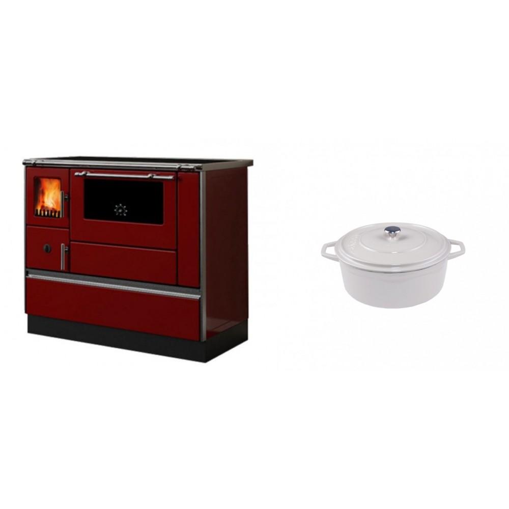 Set Küchenofen / Küchenhexe mit Backofen und Kochplatte Alfa Plam, Modell Dominant 90H Rot, Leistung 6.5kW + Gusseisen Topf Tiefer Solagio, Ivory, Ф12 | Kaminofen - Holzofen mit Backfach | Kaminofen |