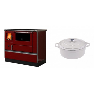 Set Küchenofen / Küchenhexe mit Backofen und Kochplatte Alfa Plam, Modell Dominant 90H Rot, Leistung 6.5kW + Gusseisen Topf Tiefer Solagio, Ivory, Ф24 - Kaminofen - Holzofen mit Backfach