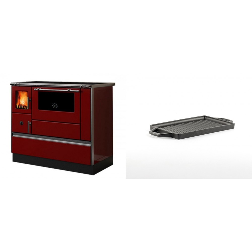 Set Küchenofen / Küchenhexe mit Backofen und Kochplatte Alfa Plam, Modell Dominant 90H Rot, Leistung 6.5kW + Mini-Grillplatte aus Gusseisen Solagio, 15.5x22.5cm