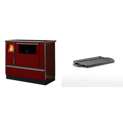 Set Küchenofen / Küchenhexe mit Backofen und Kochplatte Alfa Plam, Modell Dominant 90H Rot, Leistung 6.5kW + Mini-Grillplatte aus Gusseisen Solagio, 15.5x22.5cm - Kaminofen - Holzofen mit Backfach