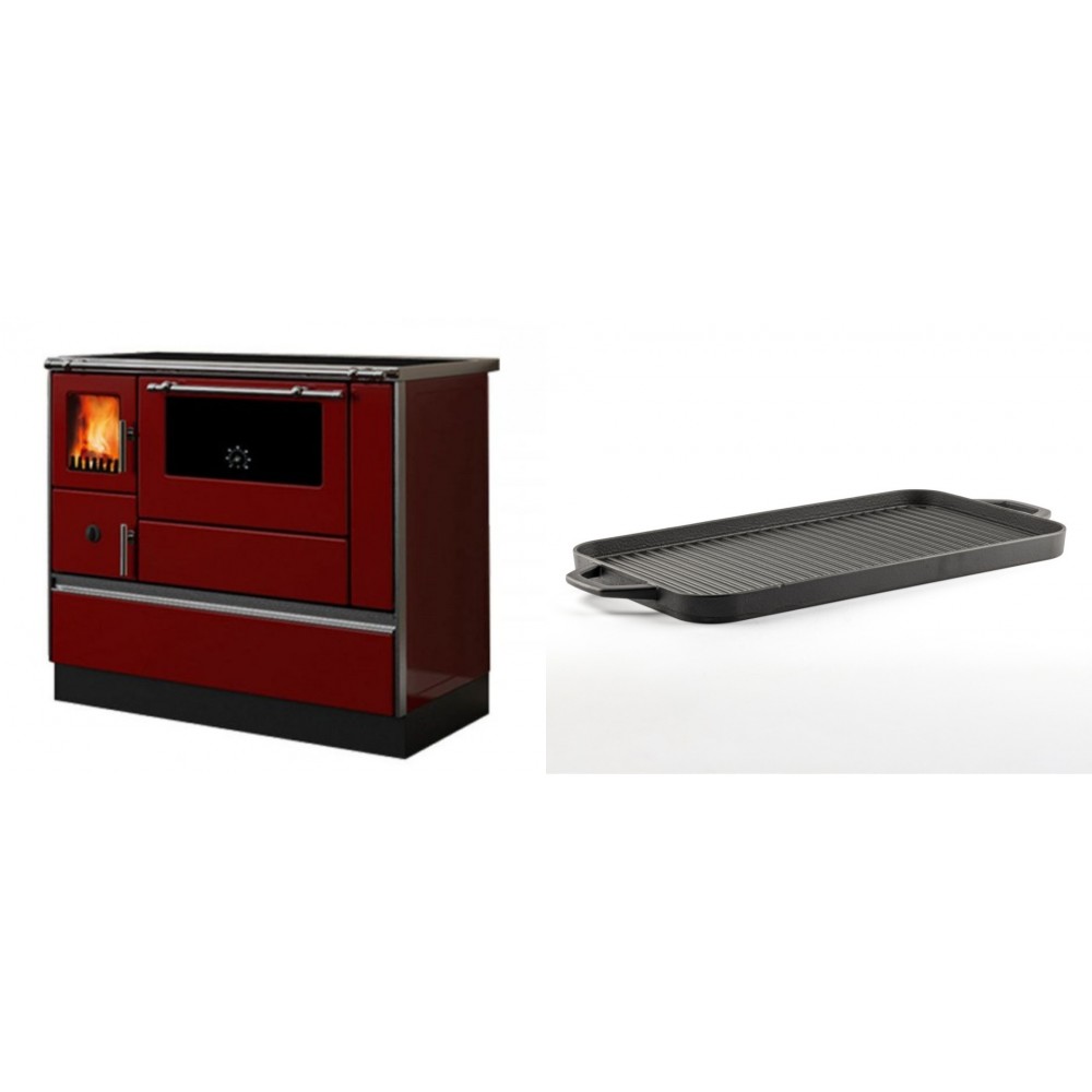 Set Küchenofen / Küchenhexe mit Backofen und Kochplatte Alfa Plam, Modell Dominant 90H Rot, Leistung 6.5kW + Große Grillplatte aus Gusseisen Solagio, 25x44cm | Kaminofen - Holzofen mit Backfach | Kaminofen |