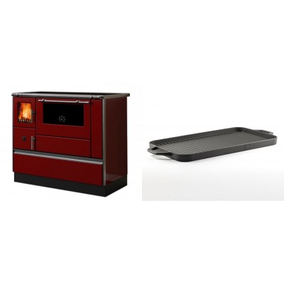 Set Küchenofen / Küchenhexe mit Backofen und Kochplatte Alfa Plam, Modell Dominant 90H Rot, Leistung 6.5kW + Große Grillplatte aus Gusseisen Solagio, 25x44cm - Kaminofen - Holzofen mit Backfach