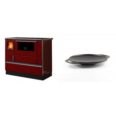 Set Küchenofen / Küchenhexe mit Backofen und Kochplatte Alfa Plam, Modell Dominant 90H Rot, Leistung 6.5kW + Backplatte aus Gusseisen Solagio, Ф28cm - Kaminofen - Holzofen mit Backfach