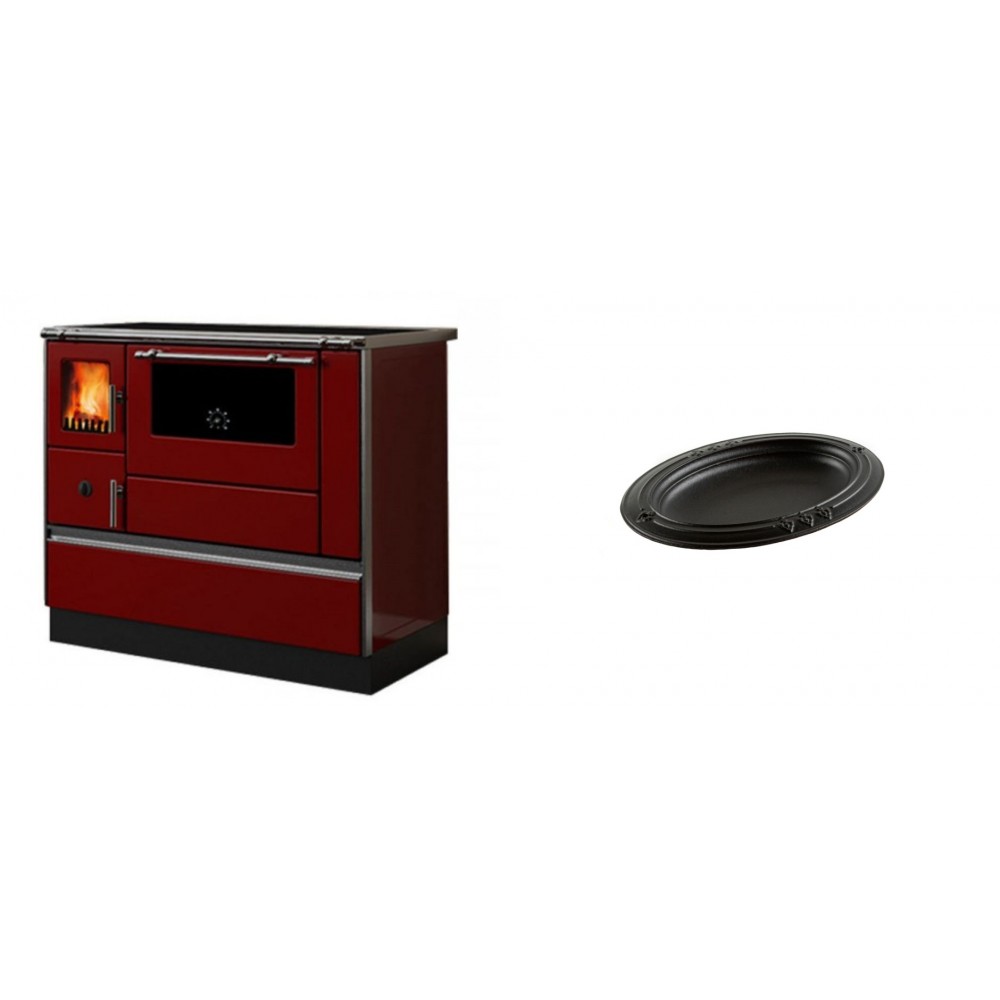 Set Küchenofen / Küchenhexe mit Backofen und Kochplatte Alfa Plam, Modell Dominant 90H Rot, Leistung 6.5kW + Gusseiserne auflaufform Solagio oval, 17x28cm