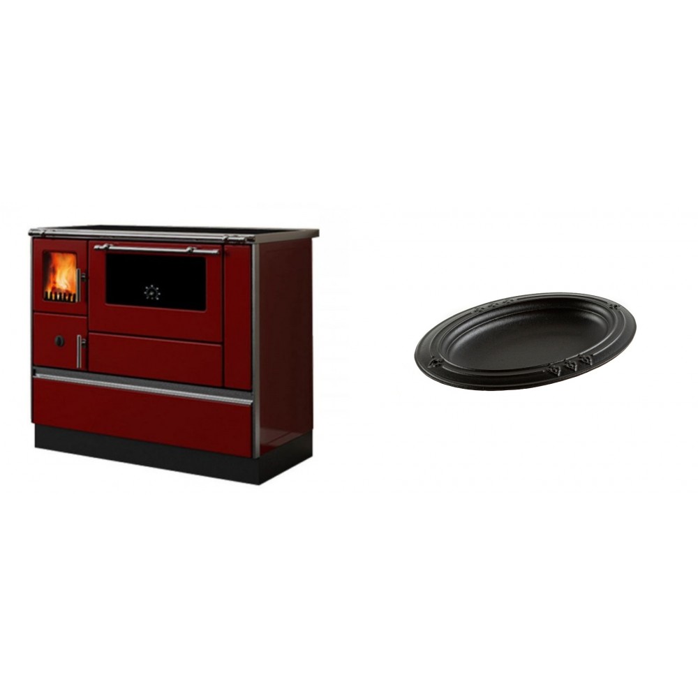 Set Küchenofen / Küchenhexe mit Backofen und Kochplatte Alfa Plam, Modell Dominant 90H Rot, Leistung 6.5kW + Gusseiserne auflaufform Solagio oval, 25x33cm | Kaminofen - Holzofen mit Backfach | Kaminofen |