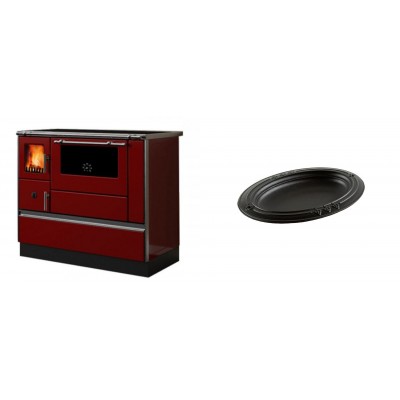 Set Küchenofen / Küchenhexe mit Backofen und Kochplatte Alfa Plam, Modell Dominant 90H Rot, Leistung 6.5kW + Gusseiserne auflaufform Solagio oval, 25x33cm - Kaminofen - Holzofen mit Backfach