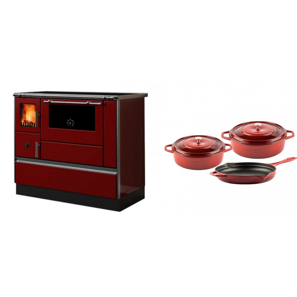 Set Küchenofen / Küchenhexe mit Backofen und Kochplatte Alfa Plam, Modell Dominant 90H Rot, Leistung 6.5kW + Gusseisen Topf Set aus 3 teilen Solagio, Rubin | Kaminofen - Holzofen mit Backfach | Kaminofen |