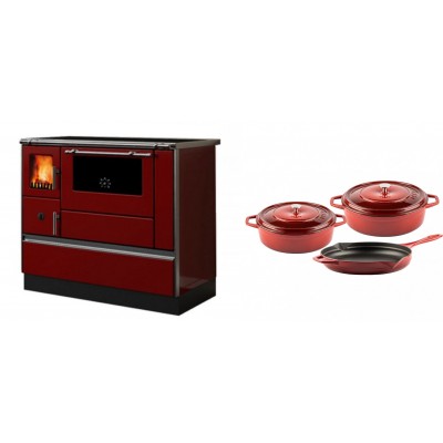 Set Küchenofen / Küchenhexe mit Backofen und Kochplatte Alfa Plam, Modell Dominant 90H Rot, Leistung 6.5kW + Gusseisen Topf Set aus 3 teilen Solagio, Rubin - Kaminofen - Holzofen mit Backfach