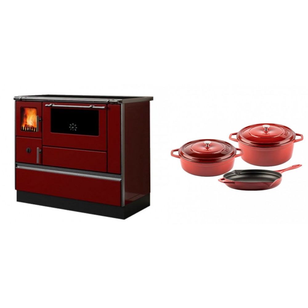 Set Küchenofen / Küchenhexe mit Backofen und Kochplatte Alfa Plam, Modell Dominant 90H Rot, Leistung 6.5kW + Gusseisen Topf Set aus 3 teilen Solagio, Rubin | Kaminofen - Holzofen mit Backfach | Kaminofen |