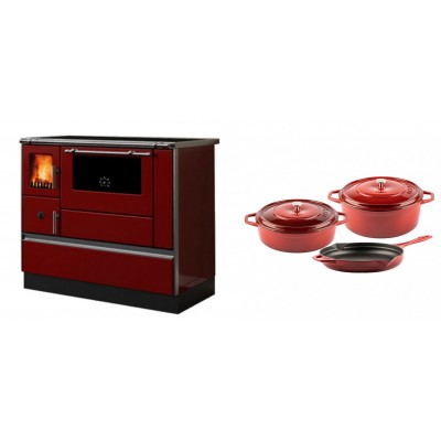 Set Küchenofen / Küchenhexe mit Backofen und Kochplatte Alfa Plam, Modell Dominant 90H Rot, Leistung 6.5kW + Gusseisen Topf Set aus 3 teilen Solagio, Rubin - Kaminofen - Holzofen mit Backfach