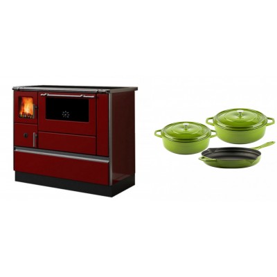 Set Küchenofen / Küchenhexe mit Backofen und Kochplatte Alfa Plam, Modell Dominant 90H Rot, Leistung 6.5kW + Gusseisen Topf Set aus 3 teilen Solagio, Bamboo - Kaminofen - Holzofen mit Backfach