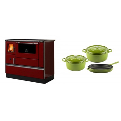 Set Küchenofen / Küchenhexe mit Backofen und Kochplatte Alfa Plam, Modell Dominant 90H Rot, Leistung 6.5kW + Gusseisen Topf Set aus 3 teilen Solagio, Bamboo - Kaminofen - Holzofen mit Backfach
