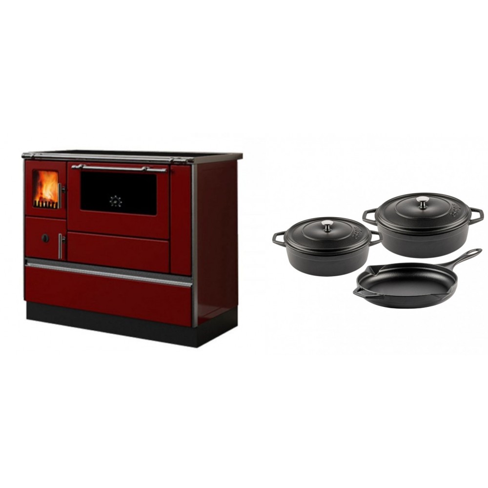 Set Küchenofen / Küchenhexe mit Backofen und Kochplatte Alfa Plam, Modell Dominant 90H Rot, Leistung 6.5kW + Gusseisen Topf Set aus 3 teilen Solagio, Black Onyx
