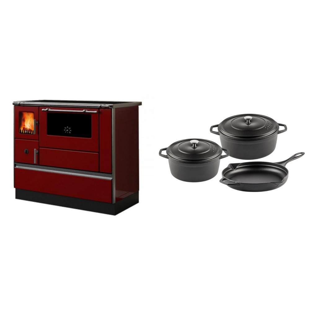 Set Küchenofen / Küchenhexe mit Backofen und Kochplatte Alfa Plam, Modell Dominant 90H Rot, Leistung 6.5kW + Gusseisen Topf Set aus 3 teilen Solagio, Black Onyx | Kaminofen - Holzofen mit Backfach | Kaminofen |