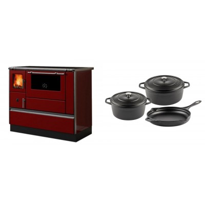 Set Küchenofen / Küchenhexe mit Backofen und Kochplatte Alfa Plam, Modell Dominant 90H Rot, Leistung 6.5kW + Gusseisen Topf Set aus 3 teilen Solagio, Black Onyx - Kaminofen - Holzofen mit Backfach