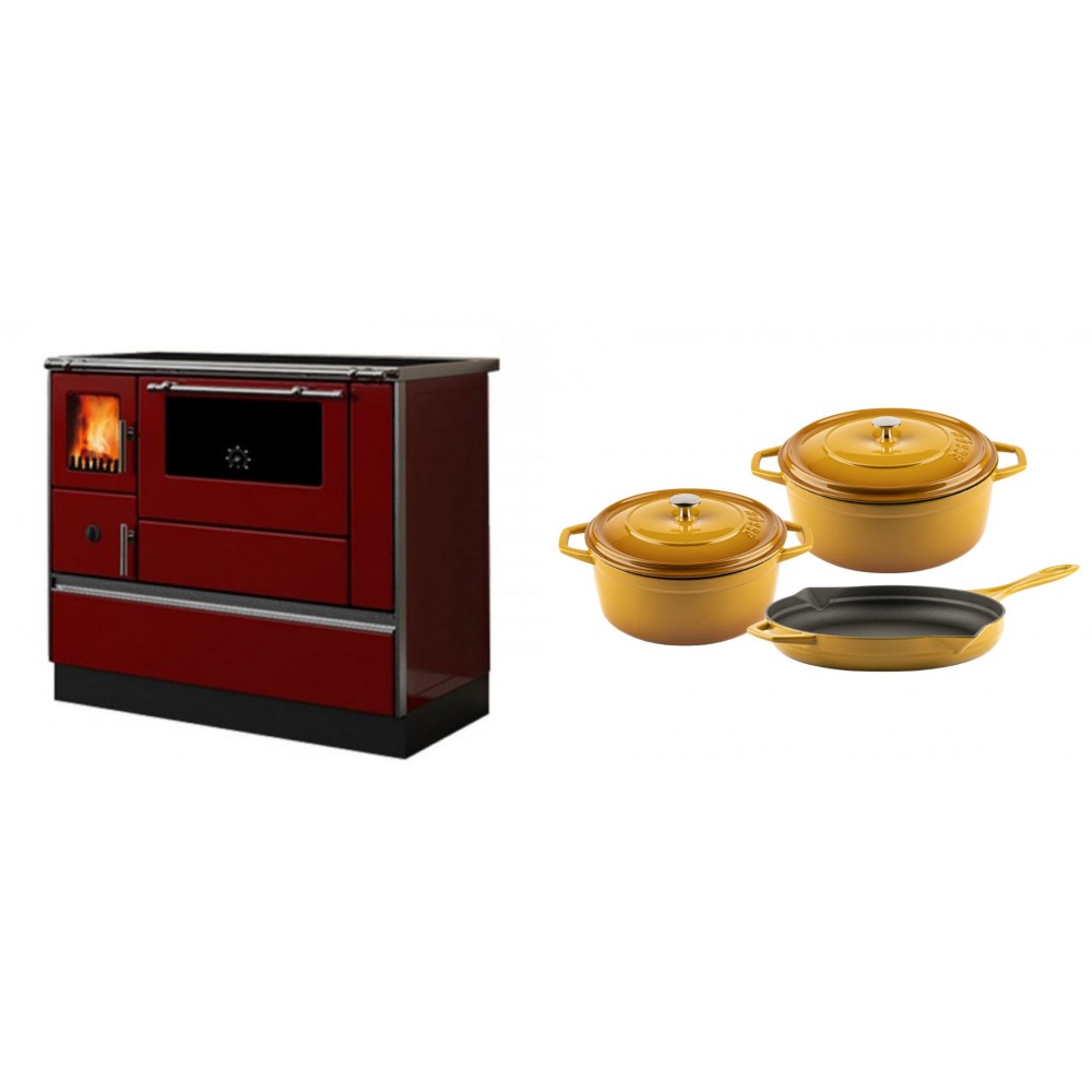 Set Küchenofen / Küchenhexe mit Backofen und Kochplatte Alfa Plam, Modell Dominant 90H Rot, Leistung 6.5kW + Gusseisen Topf Set aus 3 teilen Solagio, Dijon | Kaminofen - Holzofen mit Backfach | Kaminofen |