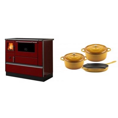 Set Küchenofen / Küchenhexe mit Backofen und Kochplatte Alfa Plam, Modell Dominant 90H Rot, Leistung 6.5kW + Gusseisen Topf Set aus 3 teilen Solagio, Dijon - Kaminofen - Holzofen mit Backfach