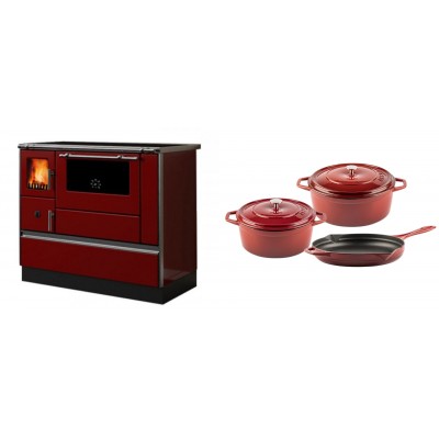 Set Küchenofen / Küchenhexe mit Backofen und Kochplatte Alfa Plam, Modell Dominant 90H Rot, Leistung 6.5kW + Gusseisen Topf Set aus 3 teilen Solagio, Rubin - Kaminofen - Holzofen mit Backfach
