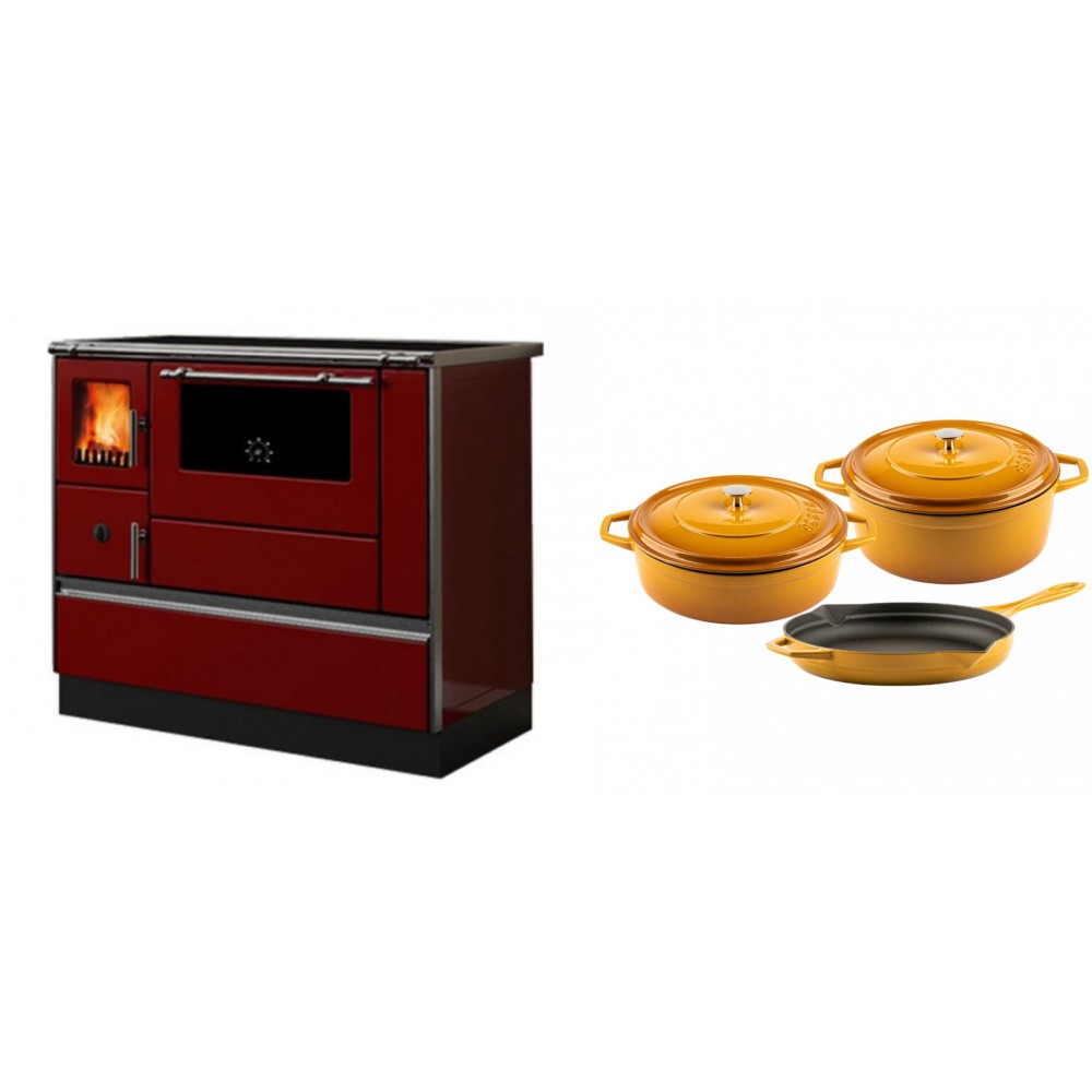 Set Küchenofen / Küchenhexe mit Backofen und Kochplatte Alfa Plam, Modell Dominant 90H Rot, Leistung 6.5kW + Gusseisen Topf Set aus 3 teilen Solagio, Dijon