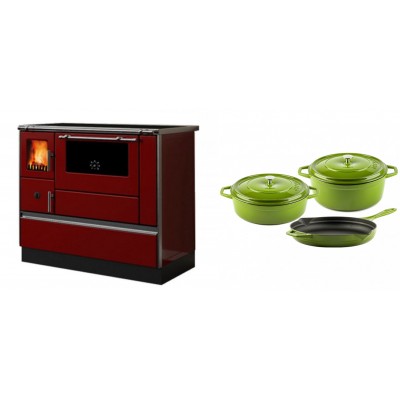 Set Küchenofen / Küchenhexe mit Backofen und Kochplatte Alfa Plam, Modell Dominant 90H Rot, Leistung 6.5kW + Gusseisen Topf Set aus 3 teilen Solagio, Bamboo - Kaminofen - Holzofen mit Backfach