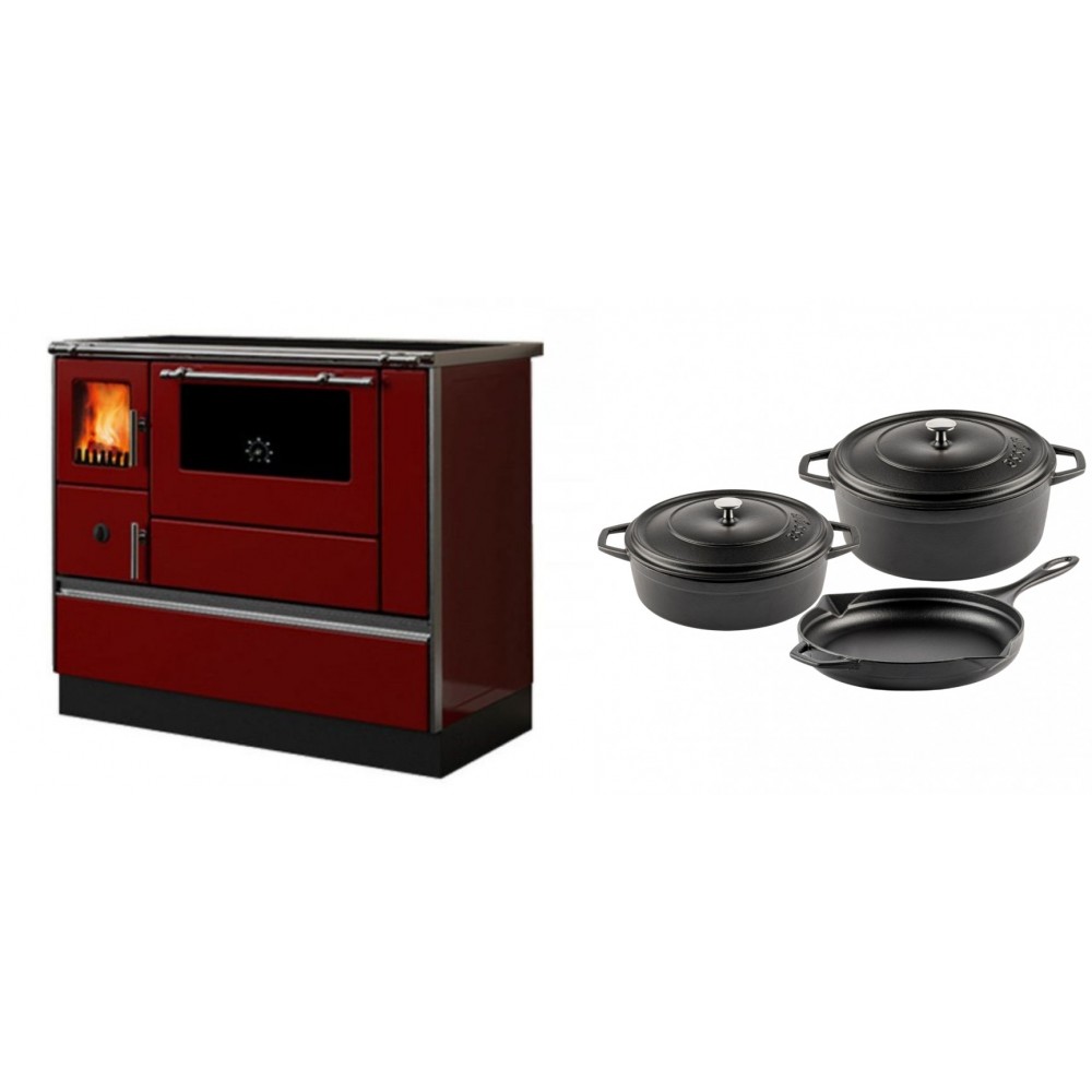 Set Küchenofen / Küchenhexe mit Backofen und Kochplatte Alfa Plam, Modell Dominant 90H Rot, Leistung 6.5kW + Gusseisen Topf Set aus 3 teilen Solagio, Black Onyx