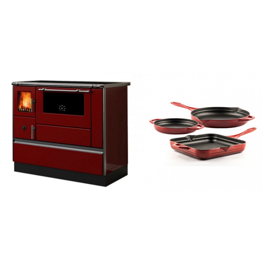 Set Küchenofen / Küchenhexe mit Backofen und Kochplatte Alfa Plam, Modell Dominant 90H Rot, Leistung 6.5kW + Gusseisen Topf Set aus 3 teilen Solagio, Rubin
