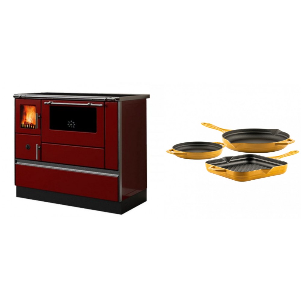 Set Küchenofen / Küchenhexe mit Backofen und Kochplatte Alfa Plam, Modell Dominant 90H Rot, Leistung 6.5kW + Gusseisen Topf Set aus 3 teilen Solagio, Dijon
