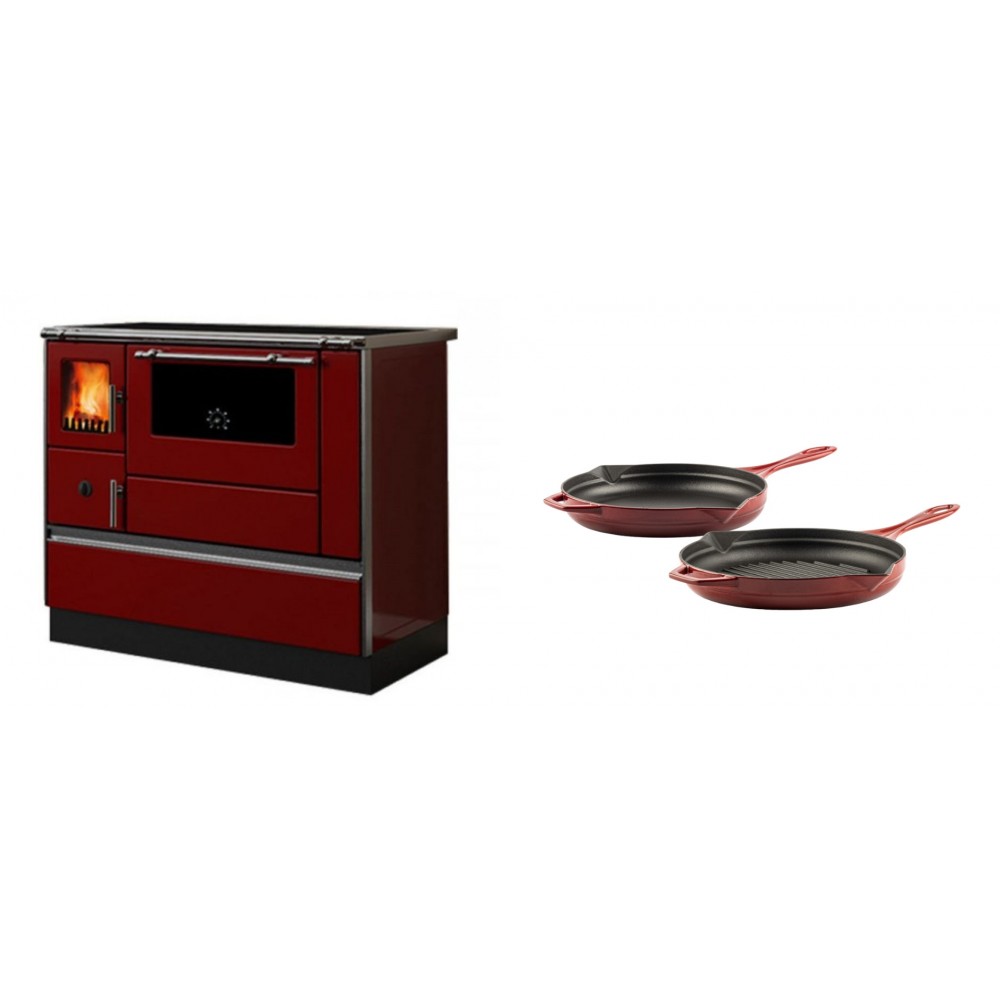 Set Küchenofen / Küchenhexe mit Backofen und Kochplatte Alfa Plam, Modell Dominant 90H Rot, Leistung 6.5kW + Gusseisen Topf Set aus 2 teilen Solagio, Rubin