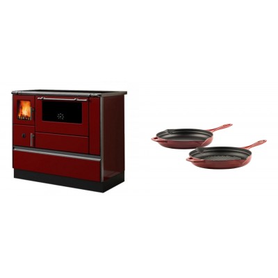 Set Küchenofen / Küchenhexe mit Backofen und Kochplatte Alfa Plam, Modell Dominant 90H Rot, Leistung 6.5kW + Gusseisen Topf Set aus 2 teilen Solagio, Rubin - Kaminofen - Holzofen mit Backfach
