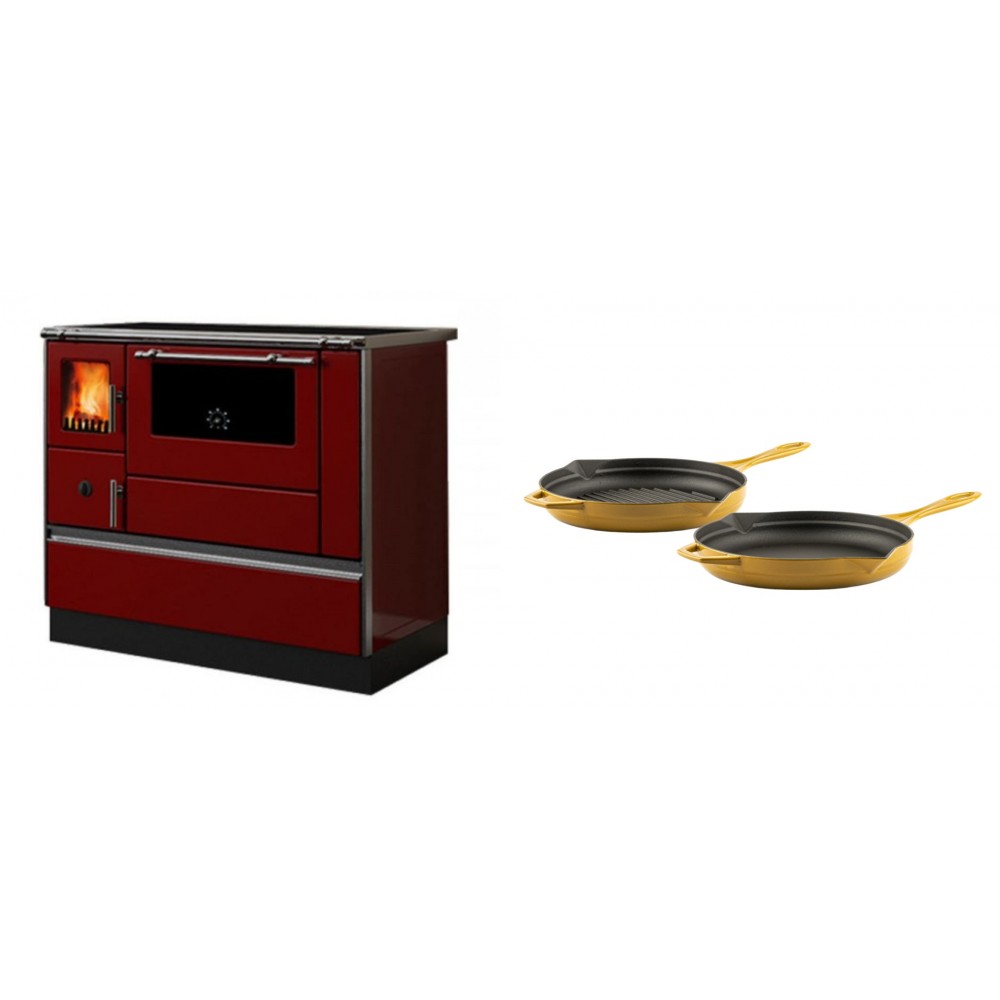 Set Küchenofen / Küchenhexe mit Backofen und Kochplatte Alfa Plam, Modell Dominant 90H Rot, Leistung 6.5kW + Gusseisen Topf Set aus 2 teilen Solagio, Dijon