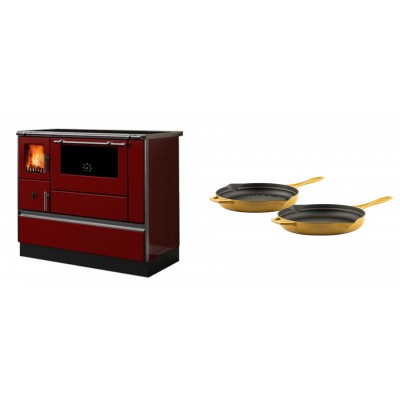 Set Küchenofen / Küchenhexe mit Backofen und Kochplatte Alfa Plam, Modell Dominant 90H Rot, Leistung 6.5kW + Gusseisen Topf Set aus 2 teilen Solagio, Dijon - Kaminofen - Holzofen mit Backfach