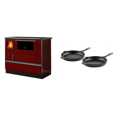 Set Küchenofen / Küchenhexe mit Backofen und Kochplatte Alfa Plam, Modell Dominant 90H Rot, Leistung 6.5kW + Gusseisen Topf Set aus 2 teilen Solagio, Black Onyx - Kaminofen - Holzofen mit Backfach