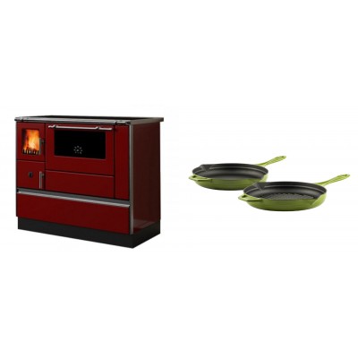 Set Küchenofen / Küchenhexe mit Backofen und Kochplatte Alfa Plam, Modell Dominant 90H Rot, Leistung 6.5kW + Gusseisen Topf Set aus 2 teilen Solagio, Bamboo - Kaminofen - Holzofen mit Backfach