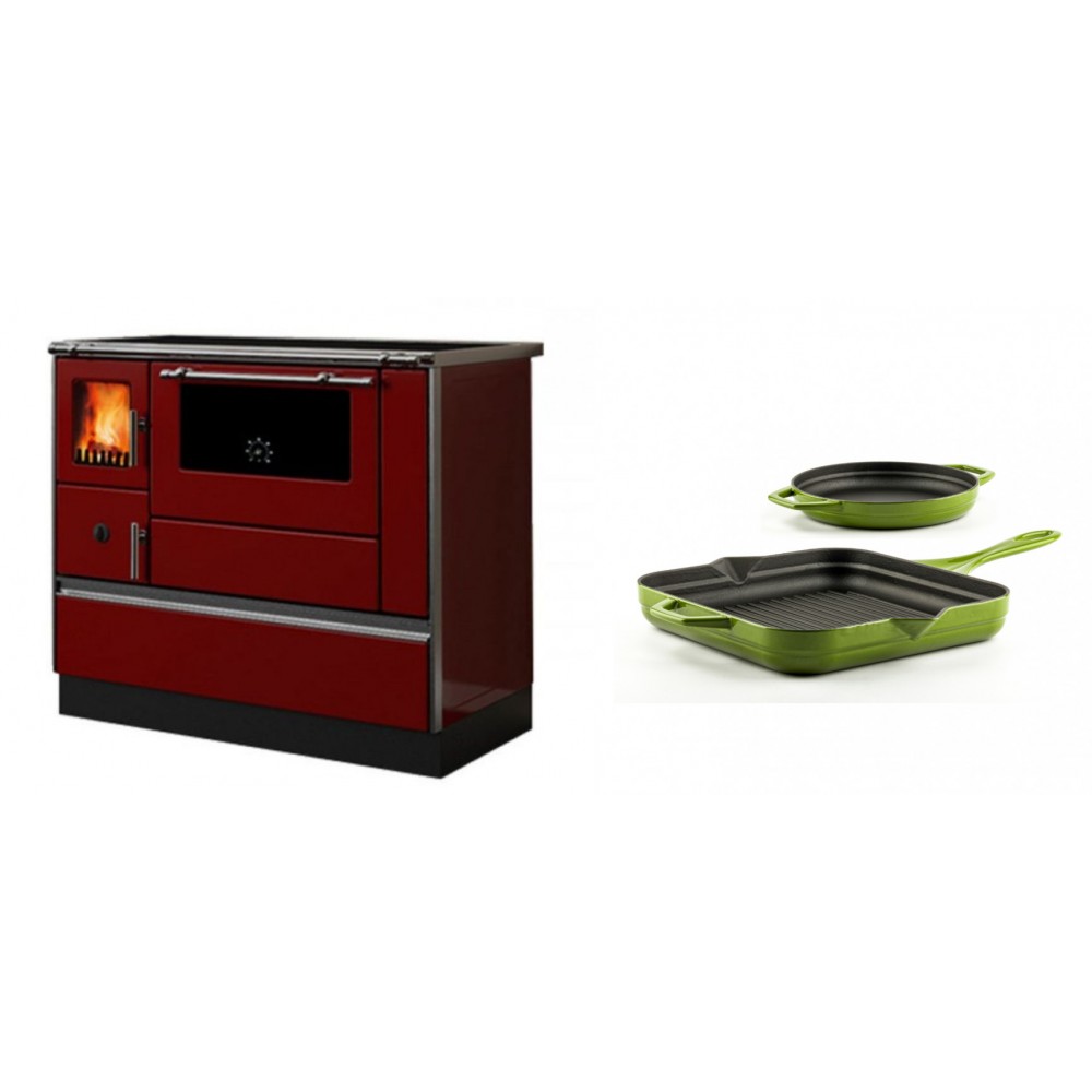Set Küchenofen / Küchenhexe mit Backofen und Kochplatte Alfa Plam, Modell Dominant 90H Rot, Leistung 6.5kW + Gusseisen Topf Set aus 2 teilen Solagio, Bamboo | Kaminofen - Holzofen mit Backfach | Kaminofen |