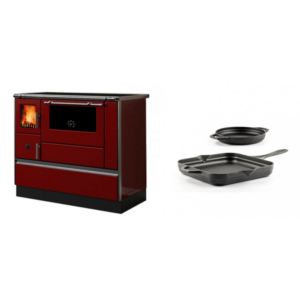 Set Küchenofen / Küchenhexe mit Backofen und Kochplatte Alfa Plam, Modell Dominant 90H Rot, Leistung 6.5kW + Gusseisen Topf Set aus 2 teilen Solagio, Black Onyx