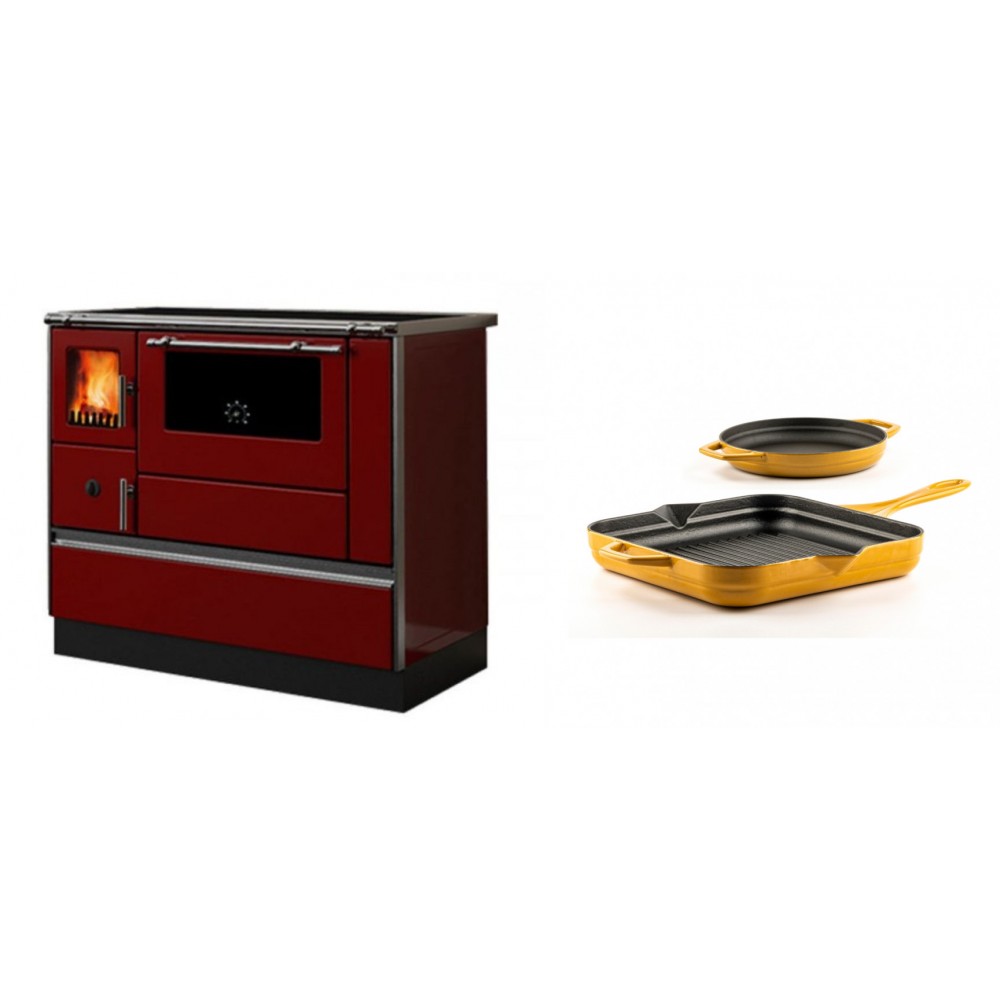 Set Küchenofen / Küchenhexe mit Backofen und Kochplatte Alfa Plam, Modell Dominant 90H Rot, Leistung 6.5kW + Gusseisen Topf Set aus 2 teilen Solagio, Dijon