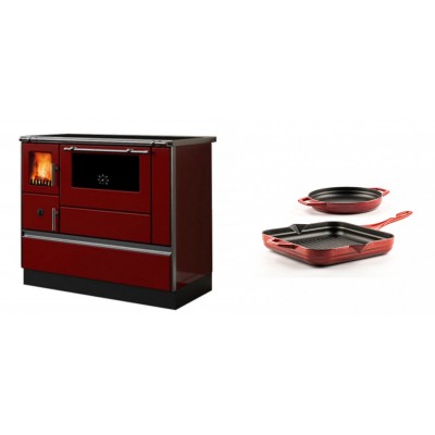 Set Küchenofen / Küchenhexe mit Backofen und Kochplatte Alfa Plam, Modell Dominant 90H Rot, Leistung 6.5kW + Gusseisen Topf Set aus 2 teilen Solagio, Rubin - Kaminofen - Holzofen mit Backfach