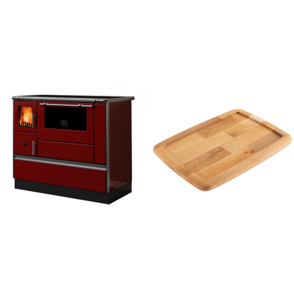 Set Küchenofen / Küchenhexe mit Backofen und Kochplatte Alfa Plam, Modell Dominant 90H Rot, Leistung 6.5kW + Holz untersetzer für gusseisenplatte Solagio HSST2131