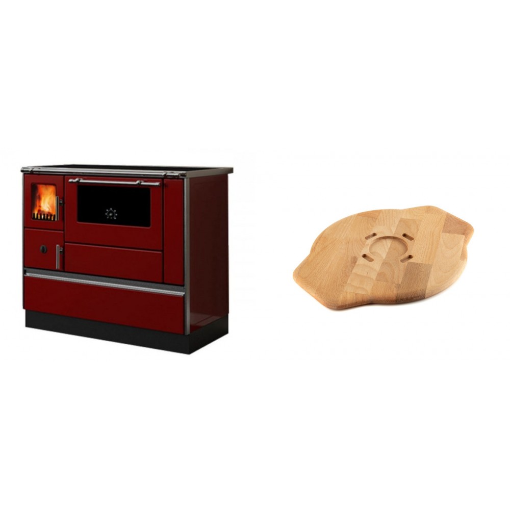Set Küchenofen / Küchenhexe mit Backofen und Kochplatte Alfa Plam, Modell Dominant 90H Rot, Leistung 6.5kW + Holz untersetzer für Gusseisenplatte Solagio HSYSAK28 | Kaminofen - Holzofen mit Backfach | Kaminofen |