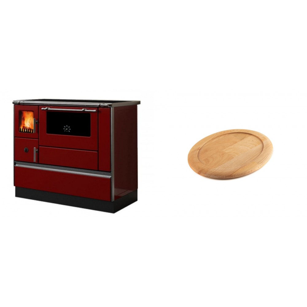 Set Küchenofen / Küchenhexe mit Backofen und Kochplatte Alfa Plam, Modell Dominant 90H Rot, Leistung 6.5kW + Holz untersetzer für ovale gusseisenpfanne Solagio HSFT1825 | Kaminofen - Holzofen mit Backfach | Kaminofen |
