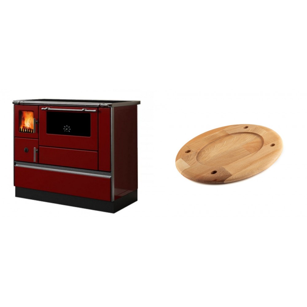 Set Küchenofen / Küchenhexe mit Backofen und Kochplatte Alfa Plam, Modell Dominant 90H Rot, Leistung 6.5kW + Holz untersetzer für ovale platte Solagio HSOISK2533, 25x33cm | Kaminofen - Holzofen mit Backfach | Kaminofen |