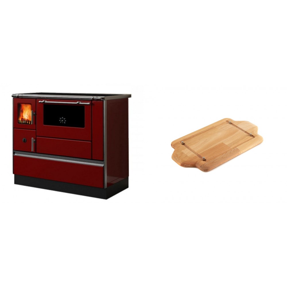 Set Küchenofen / Küchenhexe mit Backofen und Kochplatte Alfa Plam, Modell Dominant 90H Rot, Leistung 6.5kW + Holz untersetzer für mini-gusseisenplatte Solagio HSDDHP1522