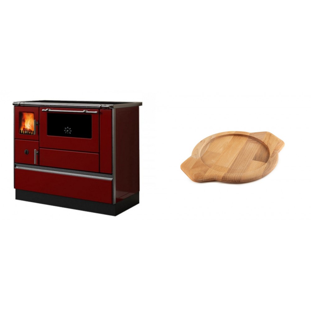 Set Küchenofen / Küchenhexe mit Backofen und Kochplatte Alfa Plam, Modell Dominant 90H Rot, Leistung 6.5kW + Holz untersetzer für gusseisenschüssel Solagio HSYKTV22 | Kaminofen - Holzofen mit Backfach | Kaminofen |