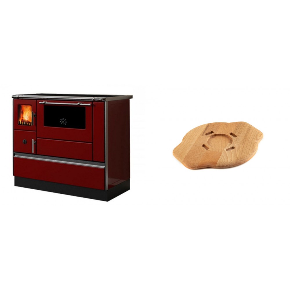 Set Küchenofen / Küchenhexe mit Backofen und Kochplatte Alfa Plam, Modell Dominant 90H Rot, Leistung 6.5kW + Holz untersetzer für gusseisenplatte Solagio HSYSAK20