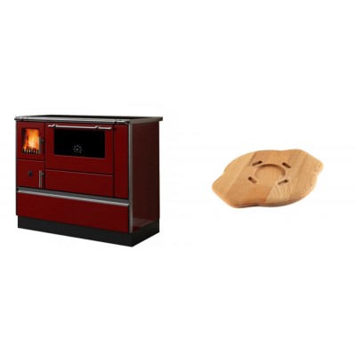 Set Küchenofen / Küchenhexe mit Backofen und Kochplatte Alfa Plam, Modell Dominant 90H Rot, Leistung 6.5kW + Holz untersetzer für gusseisenplatte Solagio HSYSAK20 - Kaminofen - Holzofen mit Backfach