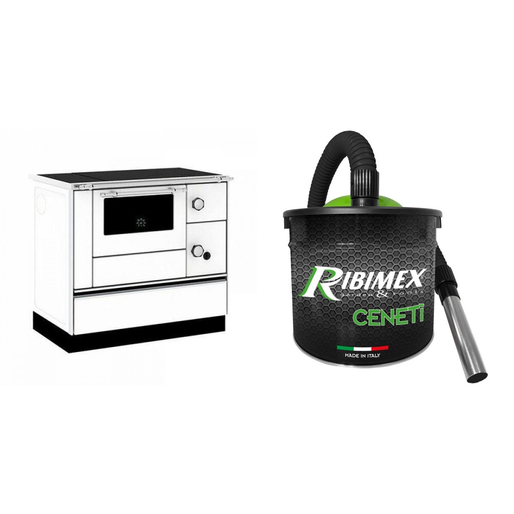 Set Küchenofen / Küchenhexe mit Backofen und Kochplatte Alfa Plam, Modell Alfa 90 H Favorit Weiß, Leistung 6.4kW + Elektrischer Aschesauger Ribimex, Modell Cenetì, Fassungsvermögen 15 L