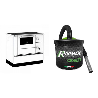Set Küchenofen / Küchenhexe mit Backofen und Kochplatte Alfa Plam, Modell Alfa 90 H Favorit Weiß, Leistung 6.4kW + Elektrischer Aschesauger Ribimex, Modell Cenetì, Fassungsvermögen 15 L - Kaminofen - Holzofen mit Backfach